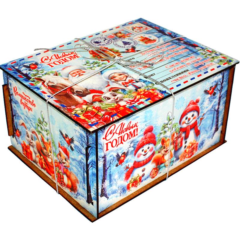 Сладкий подарок на Новый Год в упаковке из ЛХДФ весом 1500 грамм